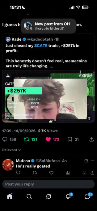 A Twitter/X post by Kade (@kadedoteth) celebrating a closed $CATE trade with +$257K profit, +2586.33% gains.