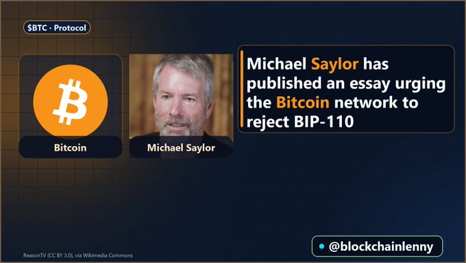 A graphic with text "$BTC • Protocol" shows the Bitcoin logo alongside a photo of Michael Saylor, with the message "Michael Saylor has published an essay urging the Bitcoin network to reject BIP-110," credited to @blockchainlenny. The image visually represents the post's headline about Saylor's call to reject the Bitcoin Improvement Proposal.