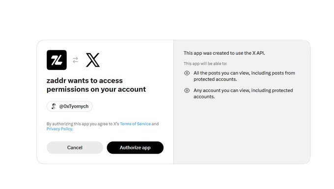 An X (Twitter) authorization prompt for the app 'zaddr' requesting access to account @0xTyomych to view all posts and protected accounts.