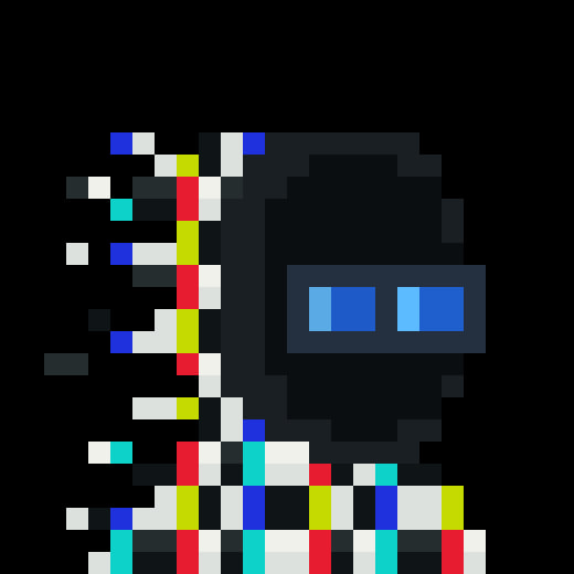 Pixel art depicting the Among Us crewmate character in a glitched, static-like state with a trail of red, yellow, blue, white, and cyan pixels.