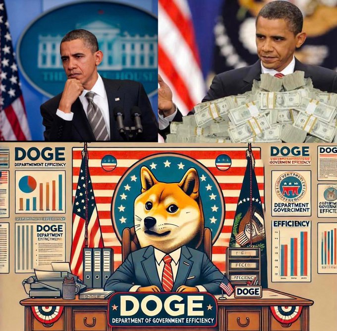 A collage featuring two photos of Barack Obama—one thoughtful, one behind stacks of cash—above an illustration of a Shiba Inu dog sitting at a 'DOGE Department of Government Efficiency' desk surrounded by American flags and efficiency charts.