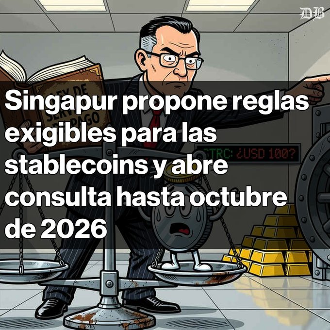 A cartoon illustration of a serious man in a suit with a balance scale, gold bars, and a vault, overlaid with Spanish text reading 'Singapur propone reglas exigibles para las stablecoins y abre consulta hasta octubre de 2026'.