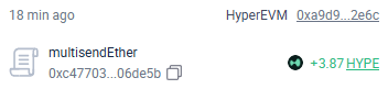 The image features a screenshot from social media with an overlay of a tabbed page, displaying several details about a cryptocurrency called "HypEVM". The main focus of the image is the "Multisend Ether" button at the top left corner, which stands out against the light brown background color. Below this central button, there's a smaller image showing the "Multisend Ether" button in green and white colors with a white and black outline. At the bottom right corner, a larger image provides additional information about "HypEVM". The post says "thanks @ProprXYZ for the HYPE drop $HYPE that will go directly into the development of Hyperliquid France to fund events and more", indicating an announcement or news related to this cryptocurrency.