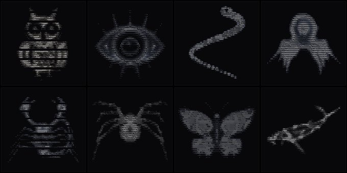 A grid of eight pixelated grayscale icons displays various shapes including what appears to be robots, a scorpion, a butterfly, and abstract designs on a black background.