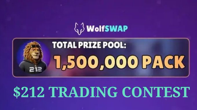 A promotional banner for WolfSWAP features a lion mascot in a '212' shirt, advertising a '$212 TRADING CONTEST' with a 'TOTAL PRIZE POOL: 1,500,000 PACK' displayed against a purple background.