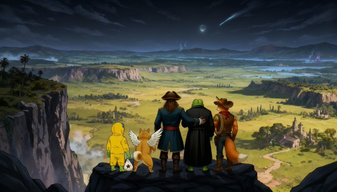 An illustration of five anthropomorphic characters—a yellow duck, an orange fox with wings, a human in a hat, a cloaked green frog-like figure, and a fox in a cowboy hat—standing on a cliff edge looking out over a vast fantasy landscape at night with a meteor in the sky.
