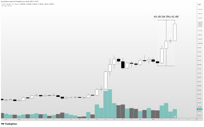 A TradingView candlestick chart of Zcash (ZEC/USD) shows a dramatic price surge on May 5, 2024, with a high of $431.85 (up 54.79%) accompanied by significantly elevated trading volume, illustrating the recent 50%+ rally referenced in the bullish post about ZEC being a top seasonal hold.