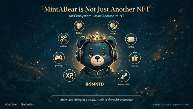 Promotional graphic for MintABear NFT project, titled 'MintABear is Not Just Another NFT - An Ecosystem Layer Around MINT,' featuring a crowned teddy bear mascot surrounded by icons for status, royalties, raffles, rewards, progression, $MNTD, gaming, and utilities, with the tagline 'More than sitting in a wallet. A role in the wider experience.'
