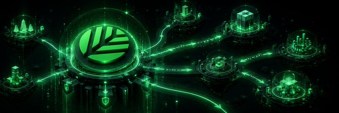 The image displays a futuristic, glowing green digital network with interconnected nodes surrounding a central blockchain-like cube, symbolizing a decentralized ecosystem. It visually reinforces the post's critique of current L2 scaling limitations, where applications compete for shared blockspace, highlighting the need for utility beyond mere governance tokens.