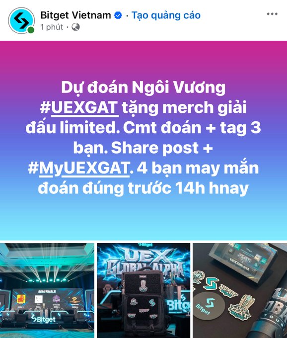 A Facebook post from Bitget Vietnam promoting a giveaway for predicting the UEXGAT championship, with instructions to comment, tag friends, and share the post before 14h.