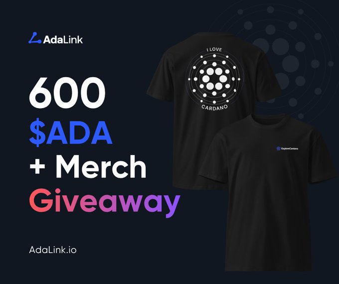 The image features a black t-shirt with a graphic design of a white circle containing eight dots arranged in two rows of four. The text "600 $ADA + Merch Giveaway Amplify the Explore Cardano campaign for a chance to win." is displayed below the design, and there are also some words related to the post on the image.
