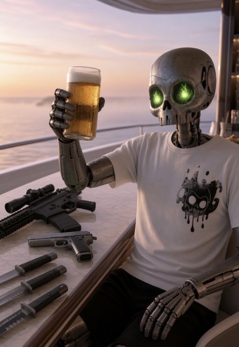 A 3D-rendered image of a skull-faced robot with glowing green eyes wearing a white t-shirt with a skull design, holding a mug of beer while sitting at a table with an AR-15 rifle, a pistol, and several knives, set against a sunset ocean view.