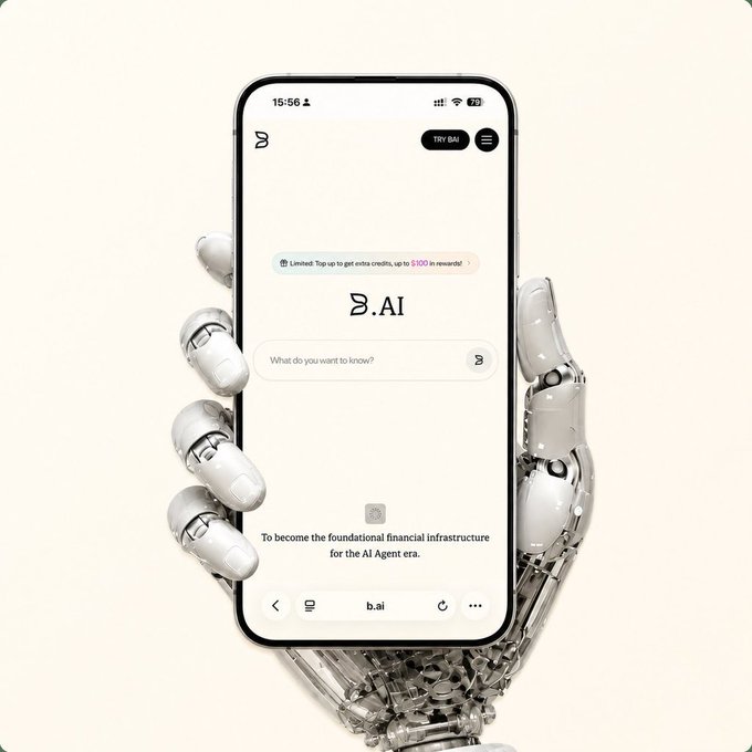 A robotic hand holds a smartphone displaying the B.AI website, featuring the tagline "To become the foundational financial infrastructure for the AI Agent era," along with a "TRY BAI" button and a search prompt reading "What do you want to know?" This visual ties directly to the post's message of convenient AI access combined with TRON's blockchain infrastructure, illustrating how B.AI serves as an accessible gateway for developers while embodying the fusion of AI and high-performance blockchain technology.