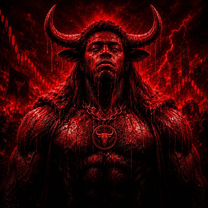 A dark, demonic illustration features a muscular bull-headed figure with large curved horns, glowing red eyes, and a bull pendant necklace, set against a blood-red background with a shadowy city skyline.