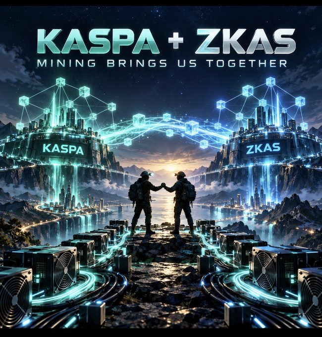 A futuristic promotional graphic displaying 'KASPA + ZKAS - MINING BRINGS US TOGETHER' with two miners shaking hands between glowing high-tech floating cities labeled 'KASPA' and 'ZKAS', surrounded by mining rigs and interconnected blockchain cube networks.