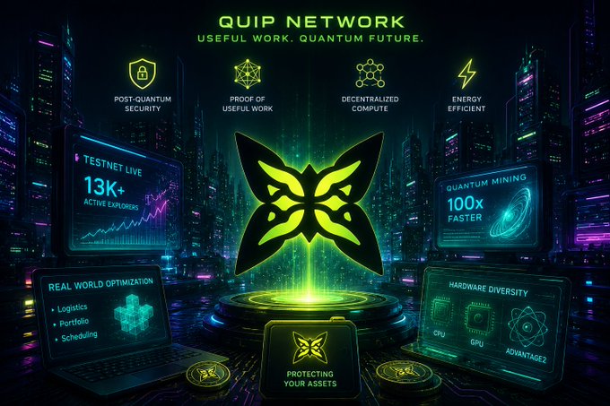 A futuristic neon-green promotional graphic for **QUIP NETWORK** ("Useful Work. Quantum Future.") showcases a glowing butterfly logo at the center, surrounded by feature highlights including **Post-Quantum Security**, **Proof of Useful Work**, **Decentralized Compute**, and **Energy Efficient** mining that's **100x faster**, with stats showing **13K+ active explorers** on the live testnet. The cyberpunk aesthetic aligns with the post's excitement about Quip Network's quantum-secured, utility-focused blockchain combining decentralized quantum compute with real-world optimization use cases.