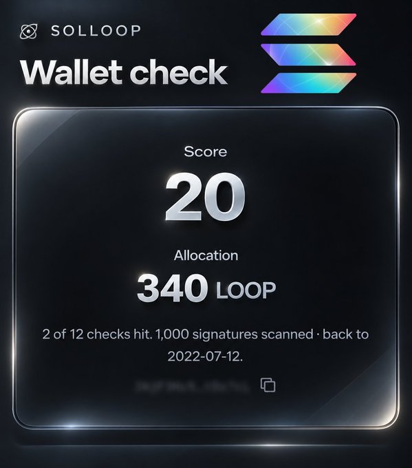 The image shows a SOLLOOP "Wallet check" interface displaying a score of 20, an allocation of 340 LOOP, and noting "2 of 12 checks hit. 1,000 signatures scanned · back to 2022-07-12," which corresponds to the post promoting a Solana airdrop eligibility check revealing a 340 $LOOP token allocation for early users.