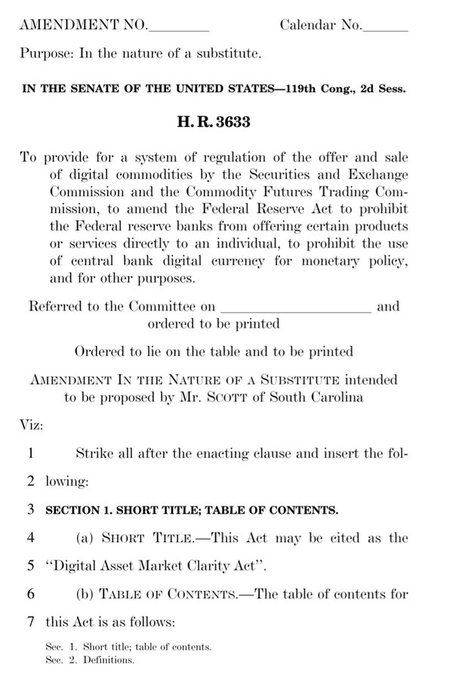 The image shows the first page of a Senate amendment to H.R. 3633, the "Digital Asset Market Clarity Act," being proposed by Mr. Scott of South Carolina during the 119th Congress, 2d Session. The amendment, intended as a substitute, aims to regulate the offer and sale of digital commodities by the SEC and CFTC, amend the Federal Reserve Act, and prohibit the Federal Reserve from offering certain products directly to individuals. The accompanying post warns US Senators that voters will closely monitor their cloture vote on the Clarity Act and hold them accountable in the November midterm elections.