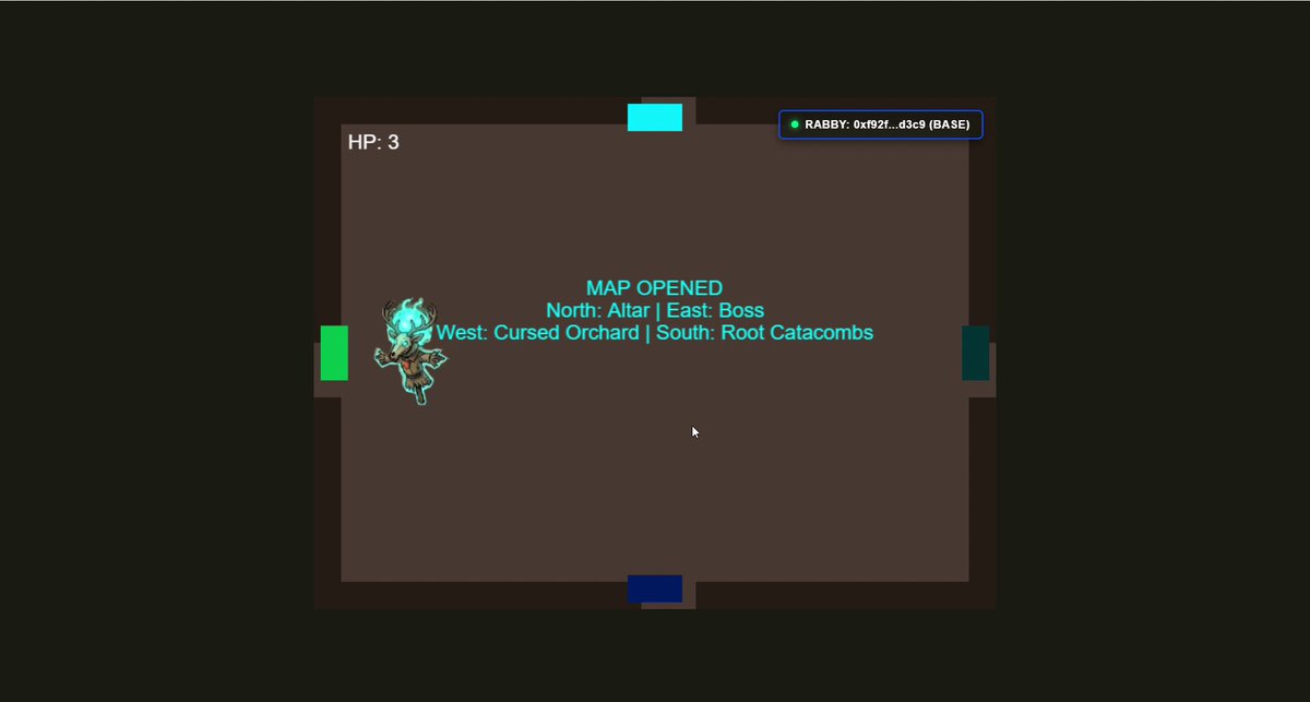 The image shows a computer screen displaying a map of an orchard, with a green square containing a character that resembles a dragon. The background of the image is black, making the colors of the characters stand out. The text "Map Open" is displayed on the screen, and there are two more descriptions below it: "West Curated (South) Orchard (ROOT)", and "Map Opened!".
