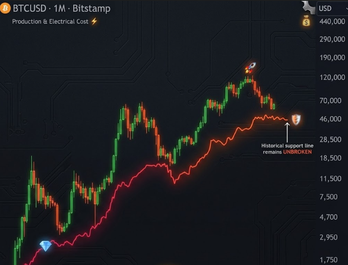 A BTCUSD 1-month Bitstamp chart overlays the "Production & Electrical Cost" line (~$48K) against Bitcoin's price, showing the cost curve rising from $1,750 to ~$48,000, with an annotation highlighting that the "Historical support line remains UNBROKEN." The image visually reinforces the post's claim that BTC's price has historically held above its mining production and electricity cost, currently sitting just above that ~$48K threshold.