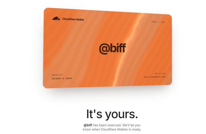 An orange branded card from Cloudflare Wallet displays the reserved handle "@biff" with the success message "It's yours," confirming that biff.cloudflare.pay has been successfully secured as a personalized digital identity.
