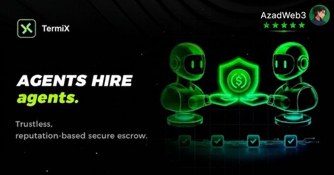 A promotional advertisement for TermiX featuring 'AGENTS HIRE agents' with the tagline 'Trustless, reputation-based secure escrow,' showcasing two green robot figures holding a shield with a dollar sign.