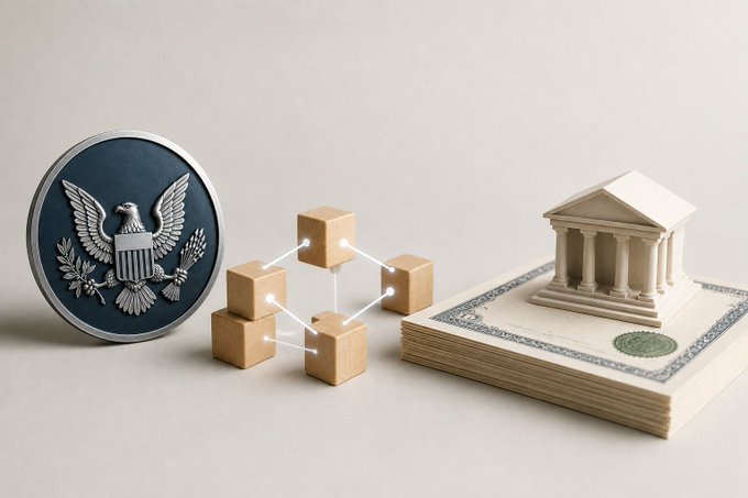 A 3D rendered composition featuring a metallic US government seal emblem, wooden cubes connected by lines resembling a blockchain network, and a classical courthouse building model resting on a stack of dollar bills.