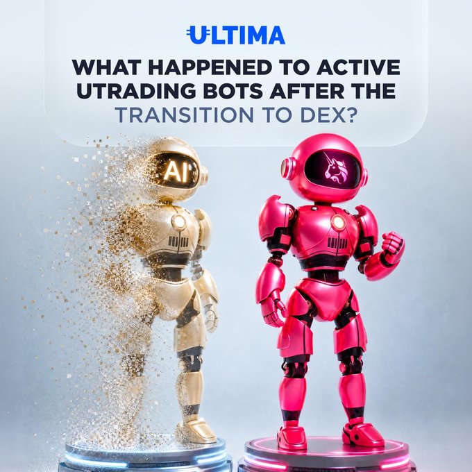 An Ultima promotional graphic asking 'What Happened to Active Trading Bots After the Transition to DEX?' featuring a gold AI robot and a pink unicorn robot.