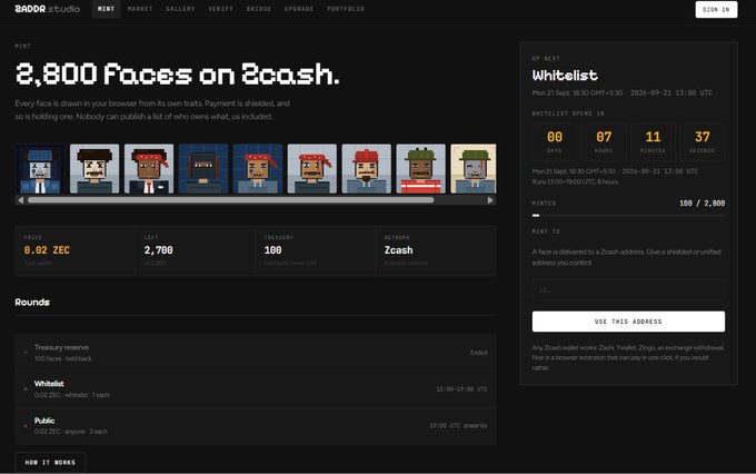A webpage for "2,800 Faces on Zcash" mint on zadro.studio, displaying pixel-art characters, a price of "0.02 ZEC", mint count of 2,700, and whitelist status showing 00 days 07 minutes 11 seconds until the next round.