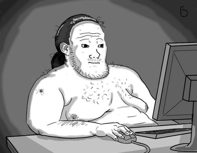 A shirtless man with long hair sits shirtless at a computer monitor, with the number "6" drawn in the upper right corner. The caption humorously contrasts with the crypto-trading optimism in the post, depicting a disheveled figure likely stuck endlessly trading rather than achieving the promised gains.