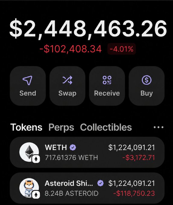 The image shows a screenshot of an app screen with a black background, displaying information about a cryptocurrency called "WETH". The app has a feature that allows users to enter their name or a description of the cryptocurrency they are interested in, and then the app will display a list of tokens related to WETH. One of these tokens is named "Asteroid" and it has a value of $15. The post also mentions a giveaway where users can win up to $8,240.