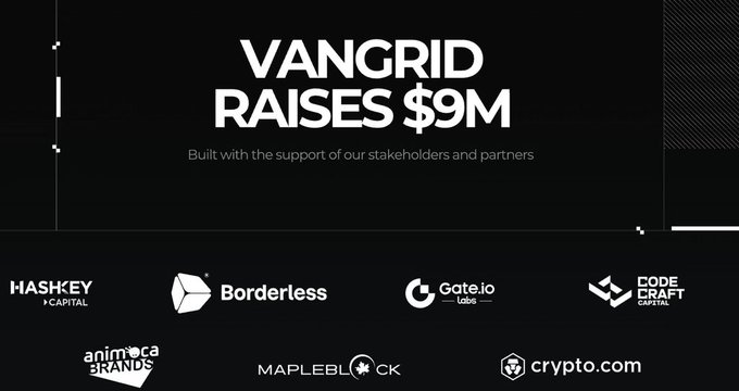A black announcement graphic states 'VANGRID RAISES $9M' with the subtitle 'Built with the support of our stakeholders and partners,' displaying logos for Hashkey Capital, Borderless, Gate.io, Code Craft Capital, Animoca Brands, Mapleblock, and Crypto.com.
