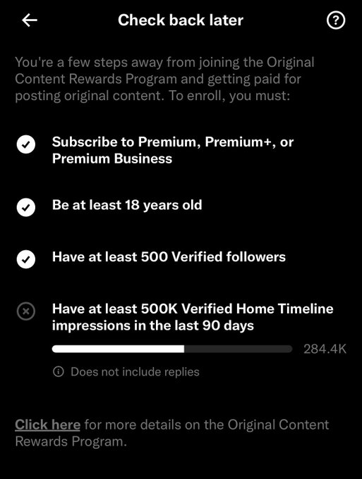 A screenshot of a social media 'Check back later' eligibility page for an Original Content Rewards Program, showing requirements like Premium subscription, being 18+, and follower counts.