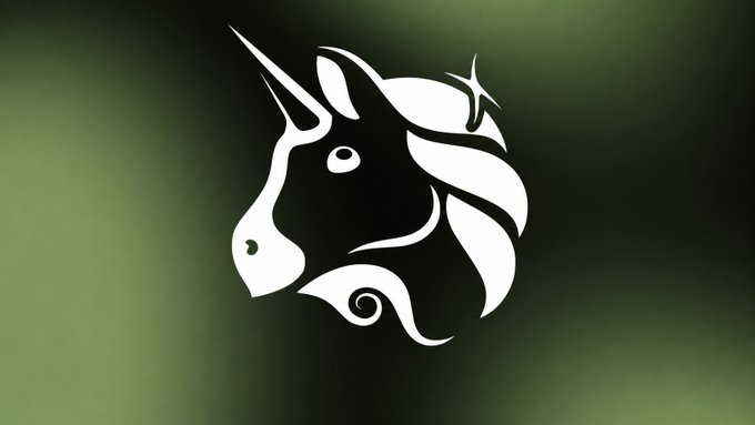 A stylized white unicorn head logo with flowing mane details is centered on a blurred green and black gradient background. The image serves as a symbolic representation of the Uniswap ($UNI) token, referencing its iconic unicorn branding in the context of CME Group's upcoming futures contracts launch.