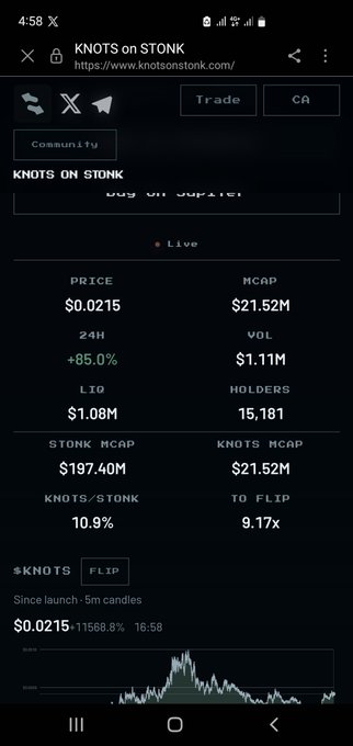 Mobile screenshot showing cryptocurrency data for 'KNOTS on STONK' from knotsonstonk.com, displaying price ($0.0215), market cap, and a 24H chart.