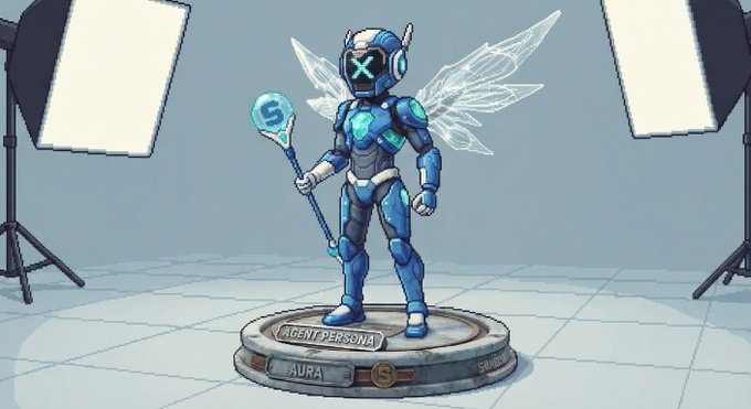 A pixel-art blue robot with glowing wings and an "X" faceplate stands on a circular pedestal labeled "AGENT PERSONA" and "AURA," holding a staff topped with a glowing "S" icon, representing The Sandbox's AI creative assistant flanked by studio lighting.