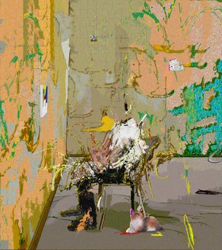 An abstract, painterly digital artwork shows a figure seated at a table in a corner, rendered with loose brushstrokes and a muted palette of greens, pinks, and yellows.
