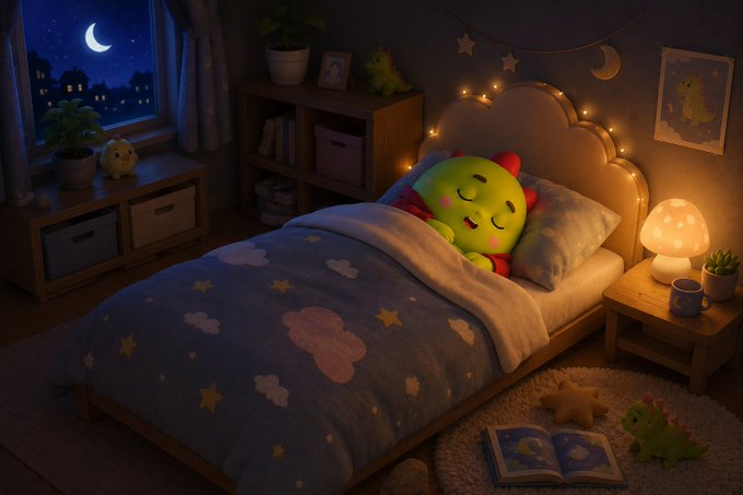 A cozy child's bedroom at night with a crescent moon visible through the window, featuring a smiling cactus plush toy sleeping on a cloud-patterned bed.