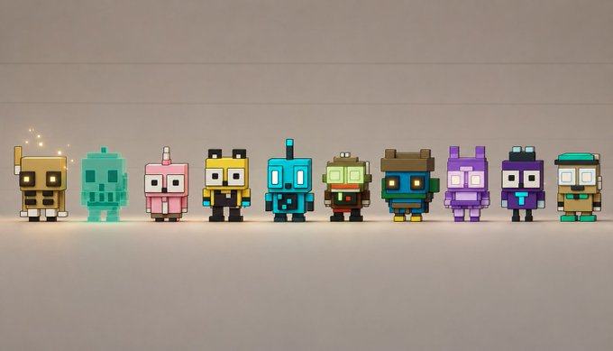 A lineup of ten blocky, voxel-style pixel characters in various colors and outfits stands against a plain beige background, with one character on the left showing small sparkle effects.