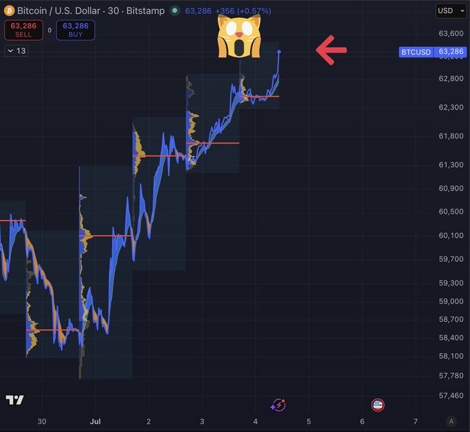 A Bitcoin/U.S. Dollar (BTCUSD) chart on Bitstamp shows the price breaking above $63,286 (up +0.57% / +$356), highlighted by a shocked cat emoji and red arrow, aligning with the post noting BTC's breakout past $63K during a low-volume holiday period.