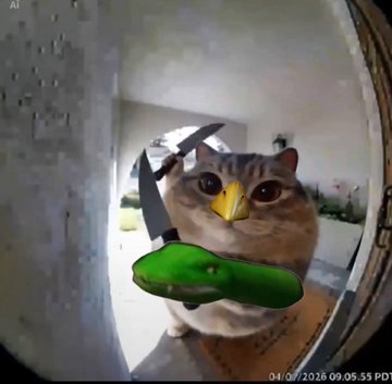 A security camera snapshot timestamped '04/07/2026 09:05:55 PDT' showing a cat with digitally added cartoonish features—exaggerated eyes, a yellow beak, and a green mustache—labeled 'AI' in the corner.