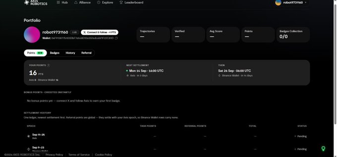 A dashboard for the 'Portal Airdrop' on AXIS ROBOTICS displays a user's portfolio, showing 16 points earned and a settlement history with pending entries.