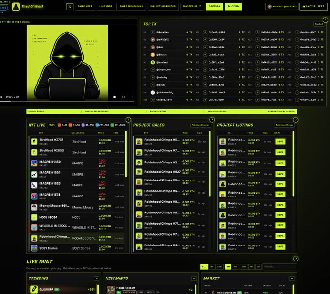 A screenshot of a dark-themed crypto/NFT platform called 'TIMES OF WEB3' displaying sections like 'TOP TX', 'NFT LIVE', 'PROJECT SALES', and 'PROJECT LISTINGS' along with various token names and prices.