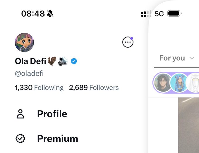 A Twitter profile screenshot for 'Ola Defi' (@oladefi) showing 1,330 Following and 2,689 Followers, with a blue verification checkmark next to the name and 'For you' feed visible.