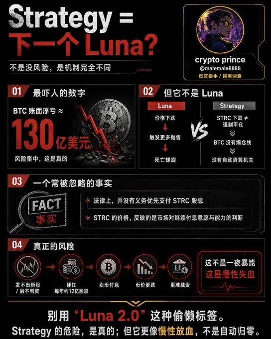 The image is a Chinese-language infographic titled "Strategy = 下一个 Luna?" (Strategy = the next Luna?), with the subtitle "不是没风险，是机制完全不同" (Not that there's no risk—the mechanism is completely different). It breaks down four key points: (1) "最吓人的数字" — BTC unrealized losses of approximately **$13 billion** ($130亿美元), noting risk concentration is real; (2) "但它不是 Luna" — contrasting Luna's algorithmic death spiral with Strategy, which has no forced buyback or auto-liquidation mechanism; (3) "一个常被忽略的事实" — legally, Strategy has no obligation to prioritize $STRC dividends, so its price reflects market faith in continued dividend intent; and (4) "真正的风险" — the real risk chain of no new share issuance/low dividends → ~$1.2B annual debt redemptions → dollar interest payments → price drops → harder to refinance. It concludes: "别用 '