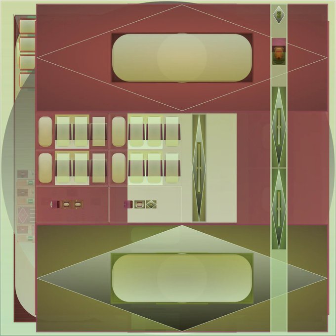 A top-down digital illustration depicts a spacecraft's interior with two large oval windows, rows of seats, and control panels in muted green and red tones.