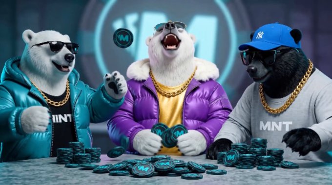 An AI-generated image of three bears wearing gold chains and streetwear, sitting at a table stacked with MNT cryptocurrency coins.