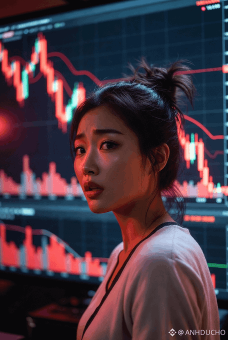A digital artwork of a young Asian woman with her hair in a bun, wearing a light shirt and lanyard, standing in front of multiple monitors displaying red and green financial candlestick charts, signed '@ANHDUCHO'.