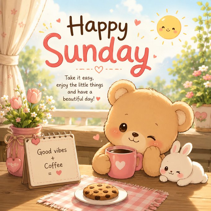 A cheerful 'Happy Sunday' greeting card featuring a cute bear holding a coffee mug, a bunny, flowers, a cookie, and text reading 'Take it easy, enjoy the little things and have a beautiful day! Good vibes + Coffee = ♥'.