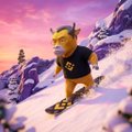 A chubby yellow cartoon character with small horns and a dark shirt snowboards down a snowy mountain slope against a vibrant sunset sky. The meme-style image humorously pairs with the post's playful reference to "Brother Peng" (CZ/Binance founder), using the cute, mischievous character to add lighthearted flair to a crypto community shoutout.